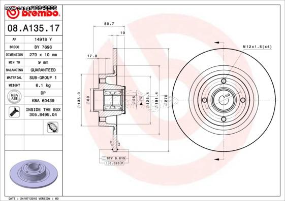 ΔΙΣΚ.ΦΡ.ΟΠ.MEGANE /SCENIC 03- ΚΑΙΝ. BREMBO 08A13517 RENAULT MEGANE RENAULT SCENIC
