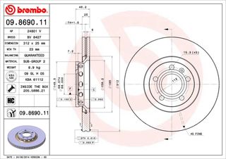 ΔΙΣΚΟΙ ΦΡ.ΕΜ. A4 1.8TQ 02- HC ΚΑΙΝ. BREMBO 09869011 AUDI A4 AUDI A6 SEAT EXEO SKODA SUPERB VW PASSAT