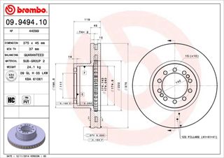 ΔΙΣΚΟΙ ΦΡ.VOLVO FL II 19.5'' ΚΑΙΝ. BREMBO 09949410 RENAULT TRUCKS Midlum VOLVO FL