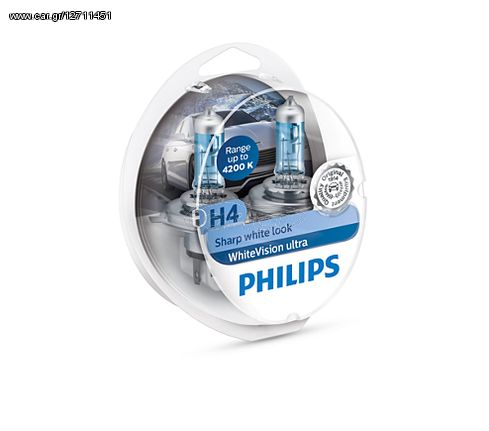 Λάμπες Philips White Vision Ultra NEW Sharp White Look H4 4300K 12V 60/55W Κωδικός 12342WVUSM...Sound☆Street..