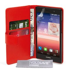 YouSave Accessories Θήκη- Πορτοφόλι για Huawei Ascend P7 by YouSave κόκκινο και δώρο screen protector