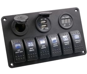 Πάνελ με 6 διακόπτες, αναπτήρα, διπλό USB, Βολτόμετρο για Αυτοκίνητα, Τρακτέρ Θαλάσσιων σκαφών - 1513