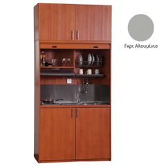 Πολυκουζίνα mini kitchen 125cm με πατάρι & αριστερή γούρνα απόχρωση γκρι για ξενώνες, γραφεία & φοιτητικά studio