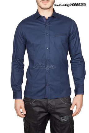 Ανδρικό slim fit μακρυμάνικο πουκάμισο navy  - w17206-one-bl