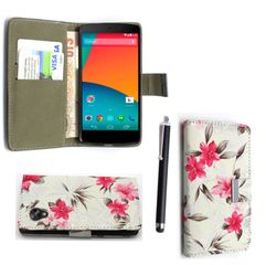 LG Nexus 5 D820 / D821 - Δερμάτινη Θήκη Πορτοφόλι Λευκή Με Ρόζ Λουλούδια (OEM)