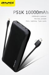 Awei P51K 10000aMH Power Bank με Ενσωματωμένα 3 καλώδια φόρτισης Type-c , Lightning ,Micro – Μαύρη