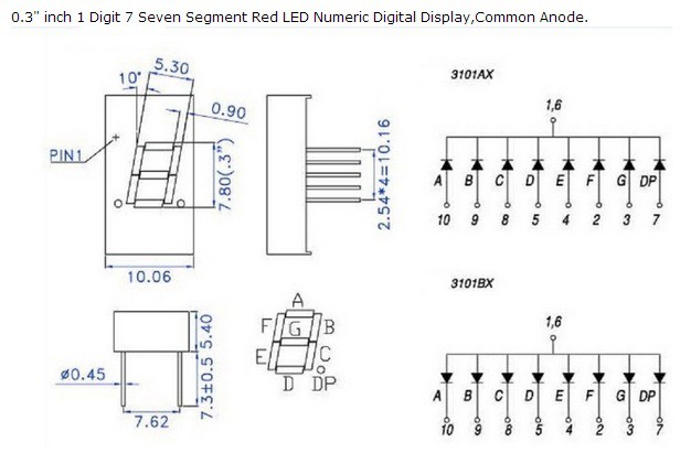 0.3" inch 1 Digit 7 Seven Segment Red LED Numeric Digital Display,Common Anode
