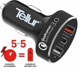 Φορτιστής αυτοκινήτου 1 xUSB QC3, 1xTYPE-C, 1xSMART US FAST CHARGE 5.4A Tellur TLL151051