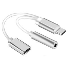 USB type C plug to stereo 3.5 mm audio adapter cable 15cm with extra power socket Ασημί
