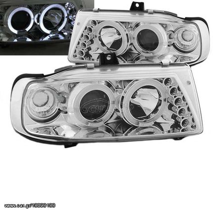 Μπροστινά Φανάρια Set Για Seat Ibiza 6K 93-00 / Vw Polo 6N Variant 94-99 Angel Eyes & Led Χρωμίου H1/H1 Manual JunYan