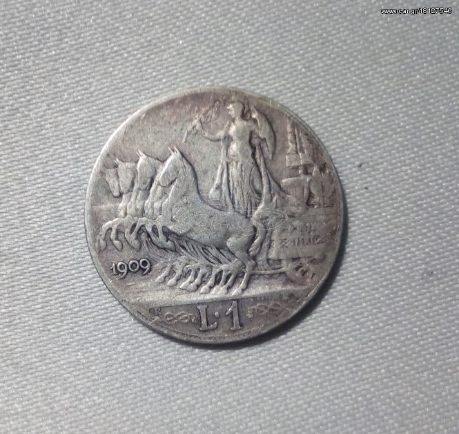 1 LIRΑ   ITALY  1909 ,  Silver