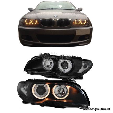 Μπροστινά Φανάρια Set Για Bmw 3 E46 Coupe/Cabrio 03-06 Angel Eyes Μαύρα H7/H7 Με Μοτέρ Depo