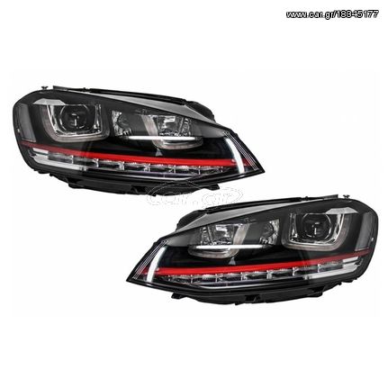 Μπροστινά Φανάρια Set Για Vw Golf VIΙ (7) 12-17 DRL U-Type GTI Μαύρα/Κόκκινο H7/H7 Με Μοτέρ Carner