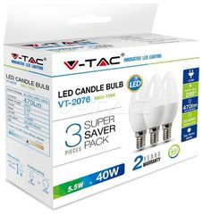 LED V-TAC Λάμπα E14 5.5W Κεράκι Πακέτο των 3 Τεμαχίων Θερμό Λευκό 7263