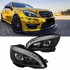 Μπροστινά Φανάρια Set Για Mercedes-Benz C-Class W204 07-10 DRL Tube Lights W222 Look Dynamic Φλας Μαύρα H9/H9 Με Μοτέρ JunYan