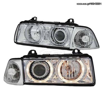 Μπροστινά Φανάρια Set Για Bmw 3 E36 90-99 Sedan / Compact / Touring Angel Eyes Χρωμίου H7/H7 Depo