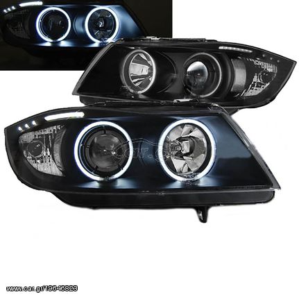 Μπροστινά Φανάρια Set Για Bmw 3 E90 / E91 05-08 ccfl Angel Eyes Μαύρα H7/H1 Με Μοτέρ Eagle Eyes