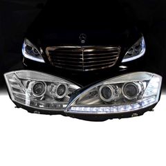 Μπροστινά Φανάρια Set Για Mercedes-Benz S-Class W221 05-09 DRL Facelift Look Χρωμίου D1S/H8 Με Μοτέρ Carner