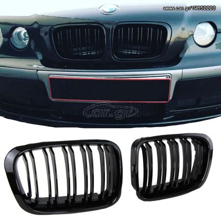 Καρδιές Μάσκας Για Bmw 3 E46 99-01 Sedan/Touring/Compact M4 Look Με Διπλή Γρίλια Μαύρο Γυαλιστερό 2 Τεμάχια