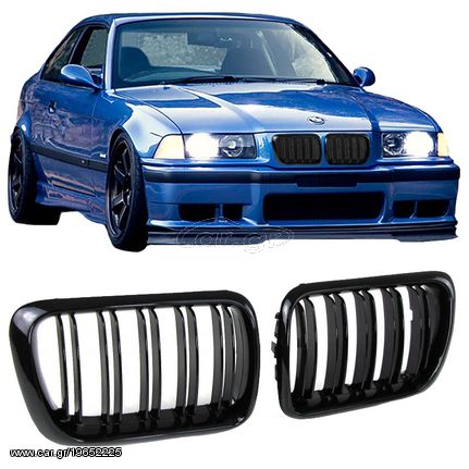 Καρδιές Μάσκας Για Bmw 3 E36 96-99 M4 Look Με Διπλή Γρίλια Μαύρο Γυαλιστερό 2 Τεμάχια