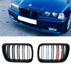 Καρδιές Μάσκας Για Bmw 3 E36 96-99 M4 Look Με Διπλή Γρίλια Tri-color / Μαύρο Γυαλιστερό 2 Τεμάχια