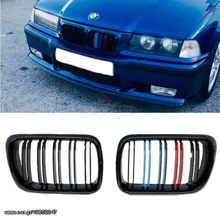 Καρδιές Μάσκας Για Bmw 3 E36 96-99 M4 Look Με Διπλή Γρίλια Tri-color / Μαύρο Γυαλιστερό 2 Τεμάχια