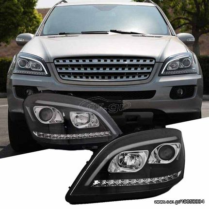 Μπροστινά Φανάρια Set Για Mercedes-Benz ML-Class W164 05-08 DRL Tube Lights Dynamic Φλας W166 Look Μαύρα H9/H1 Με Μοτέρ JunYan