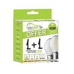 Συσκευασία 2 Λαμπτήρες 5W LED Filament E27 G45 Σε Θερμό Λευκό Φώς (2700Κ) Diolamp Duo Pack 1+1 - Θερμό (2000-3500Κ)