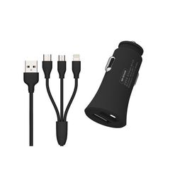 Car Charger WK 2.4A USBx2 With 3in1 charging cable Black WP-C13