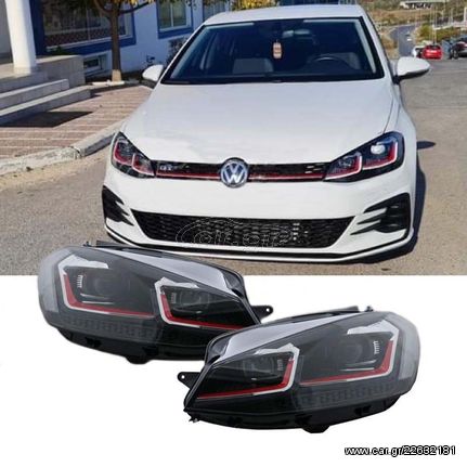 Μπροστινά Φανάρια Set Για Vw Golf 7.5 17-19 Facelift DRL & Dynamic Signal Μαύρα Με Κόκκινη Γραμμή GTI Look H7 Με Μοτέρ Carner