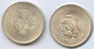 5 PESOS  AZTEC CHIEFTAIN “CUAUHTEMOC” 1948 