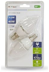 LED V-TAC Λάμπα E14 5.5W Κεράκι Blister των 2 Τεμαχίων Ψυχρό Λευκό 7293