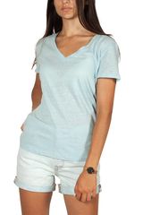 Artlove cotton-linen blend V-neck top light blue  - al-38217