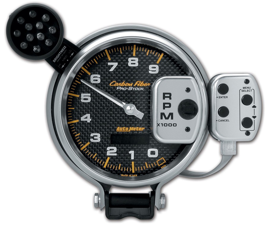Autometer Gauge, Tach, 5", 9K Rpm, Pro-Stock Pedestal W/ Super Lite & Pk Mem, Carbon Fiber