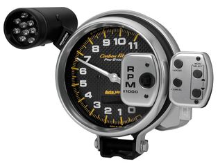 Autometer Gauge, Tach, 5", 11K Rpm, Pro-Stock Pedestal W/ Super Lite & Pk Mem, Carbon Fibr