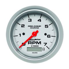 Autometer Gauge, Tachometer, 3 3/8", 7K Rpm, W/ Hourmeter, Marine Silver