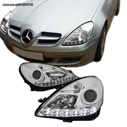 Μπροστινά Φανάρια Set Για Mercedes-Benz SLK R171 04-11 DRL Χρωμίου H7/H1 Με Μοτέρ Sonar