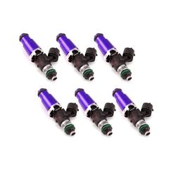 Injector Dynamics ID1300x, 14mm (purple) adapter top. 14mm bottom o-ring, machine o-ring retainer to 11mm.  Set of 6. (No rails included)