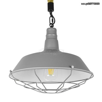 GloboStar® LUCI 01411 Vintage Industrial Κρεμαστό Φωτιστικό Οροφής Μονόφωτο 1 x E27 Γκρι Λευκό Μεταλλικό Καμπάνα Πλέγμα με Μπεζ Σχοινί Φ36 x Υ31cm