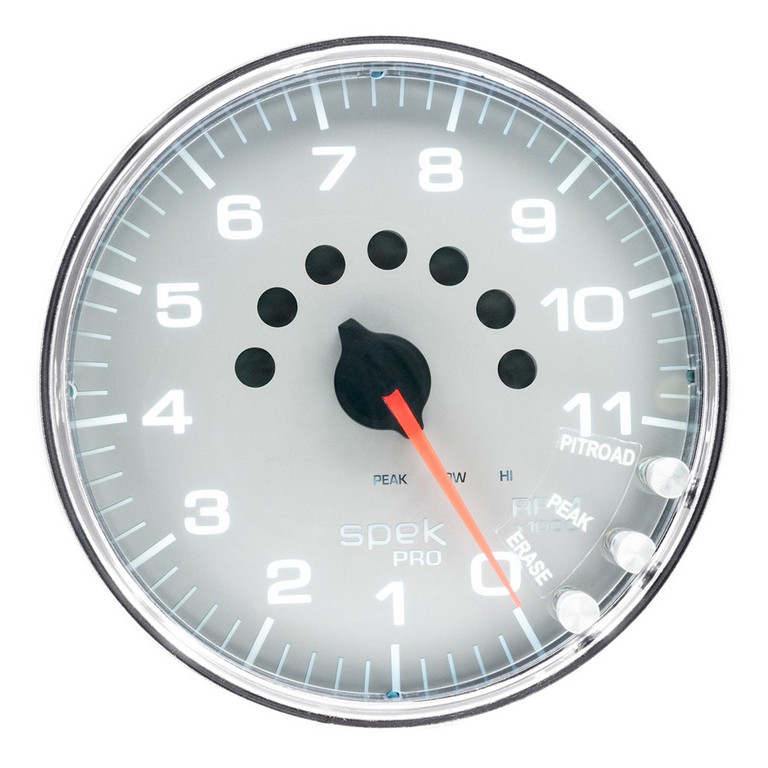 Autometer Gauge, Tachometer, 5", 11K Rpm, W/Shift Light & Peak Mem, Silver/Chrome, Spek