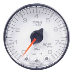 Autometer Gauge, Tach, 2 1/16", 8K Rpm, W/ Shift Light & Peak Mem, Wht/Blk, Spek-Pro
