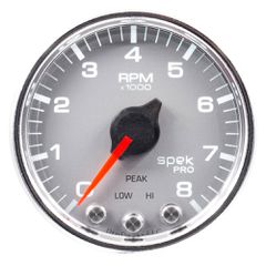Autometer Gauge, Tach, 2 1/16", 8K Rpm, W/ Shift Light & Peak Mem, Slvr/Chrm, Spek-Pro