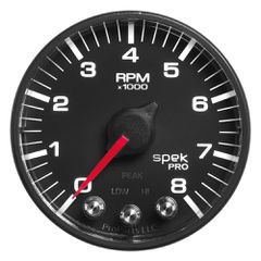Autometer Gauge, Tach, 2 1/16", 8K Rpm, W/ Shift Light & Peak Mem, Blk/Blk, Spek-Pro