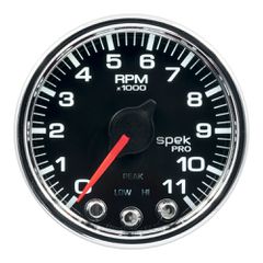 Autometer Gauge, Tach, 2 1/16", 11K Rpm, W/ Shift Light & Peak Mem, Blk/Chrm, Spek-Pro