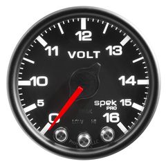 Autometer Gauge, Voltmeter, 2 1/16", 16V, Stepper Motor W/Peak & Warn, Blk/Blk, Spek-Pro