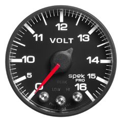 Autometer Gauge, Voltmeter, 2 1/16", 16V, Stepper Motor W/Peak & Warn, Blk/Blk, Spek-Pro