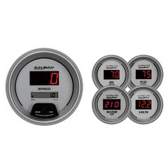 Autometer Gauge Kit, 5 Pc., 3 3/8" & 2 1/16", Elec. Speedo., Digital, Silver W/ Red Led