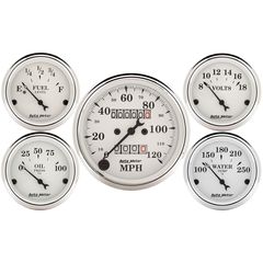 Autometer Gauge Kit, 5 Pc., 3 1/8" & 2 1/16", Mech. Speedometer, Old Tyme White