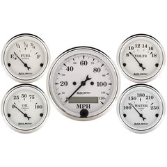 Autometer Gauge Kit, 5 Pc., 3 1/8" & 2 1/16", Elec. Speedometer, Old Tyme White