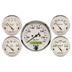 Autometer Gauge Kit, 5 Pc., 3 1/8" & 2 1/16", Elec. Km/H Speedometer, Old Tyme White